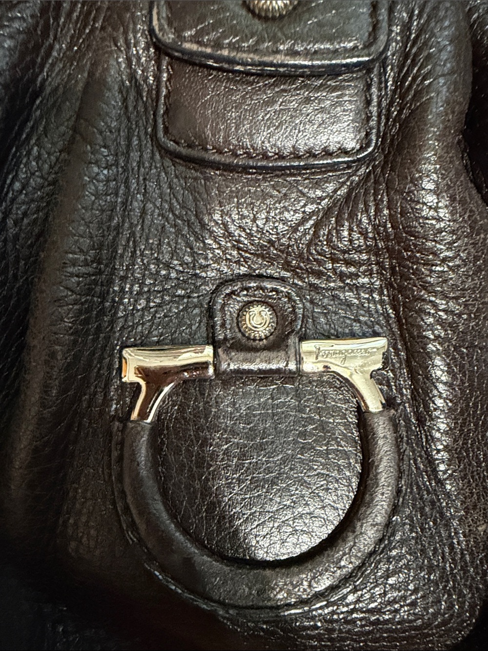 Salvatore Ferragamo Dark Brown Pebbled Leather Shoulder Bag - Picture 2 of 9